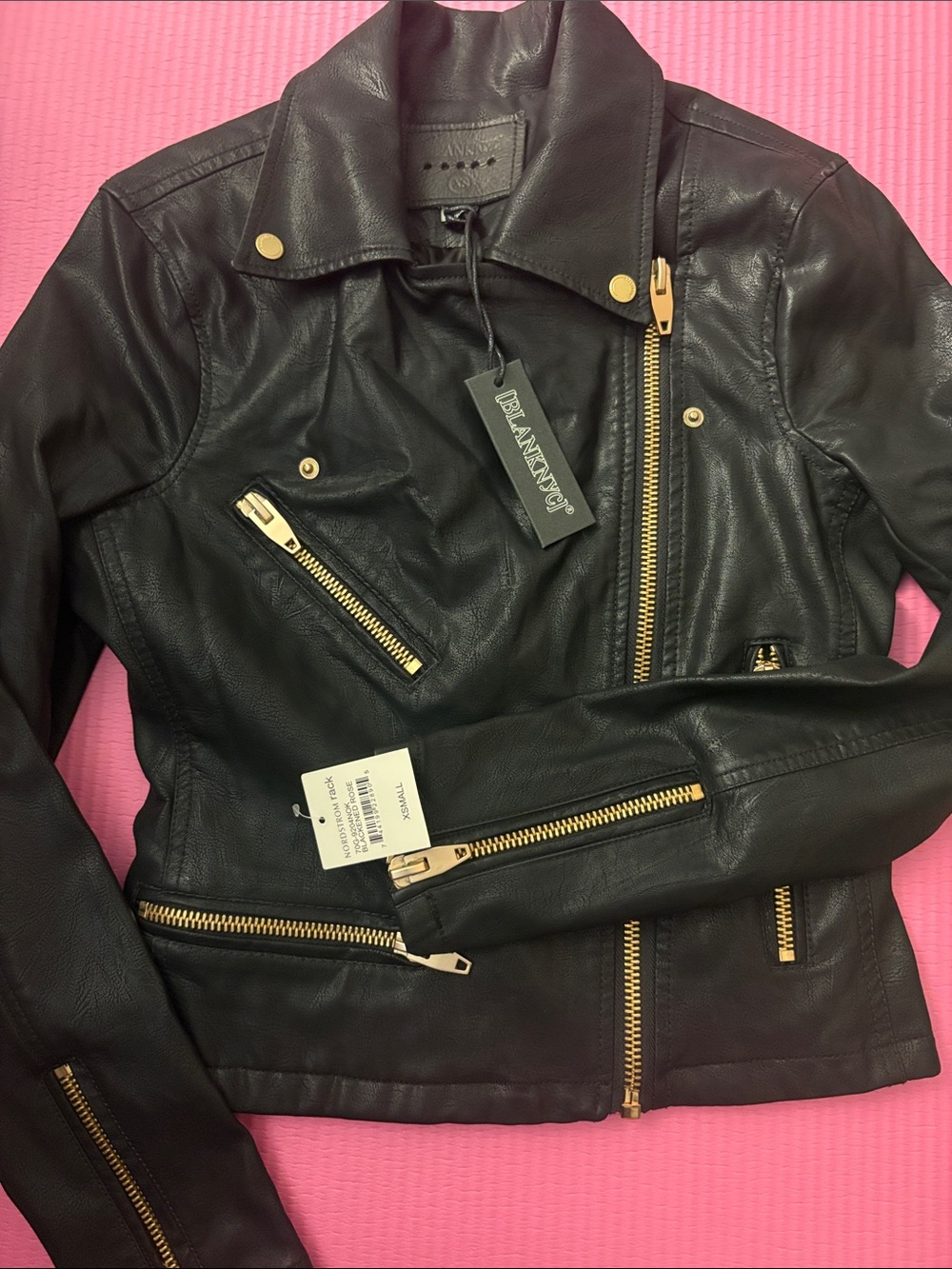 Blank NYC Black Leather Asymmetrical Moto Jacket with Gold Hardware